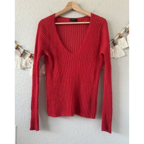 Rag & Bone Red Mohair Wool Blend Ribbed Knit V-neck Long Sleeve Top Basics S - Picture 1 of 8